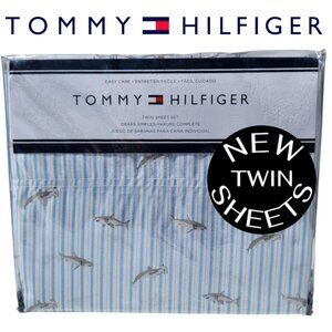 NEW TOMMY HILFIGER Sheets Sheet Set Shark Striped TWIN Size Blue White Pillowcas